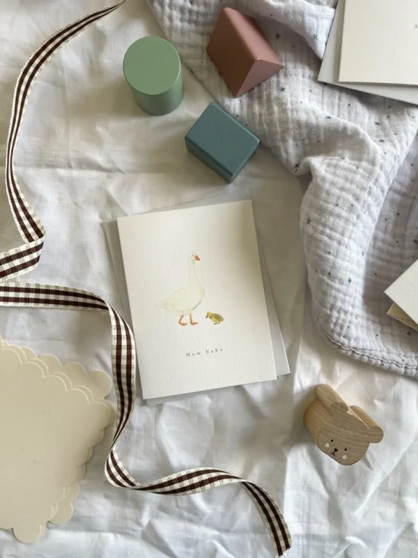 Petite goose & gosling card 'New Baby'
